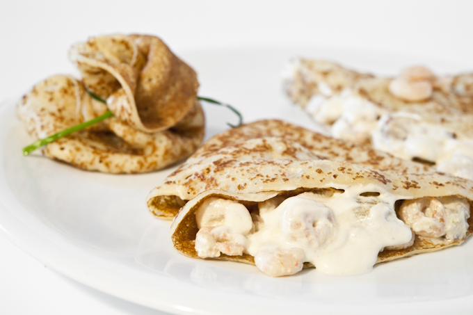 Crêpe con gamberi e funghi