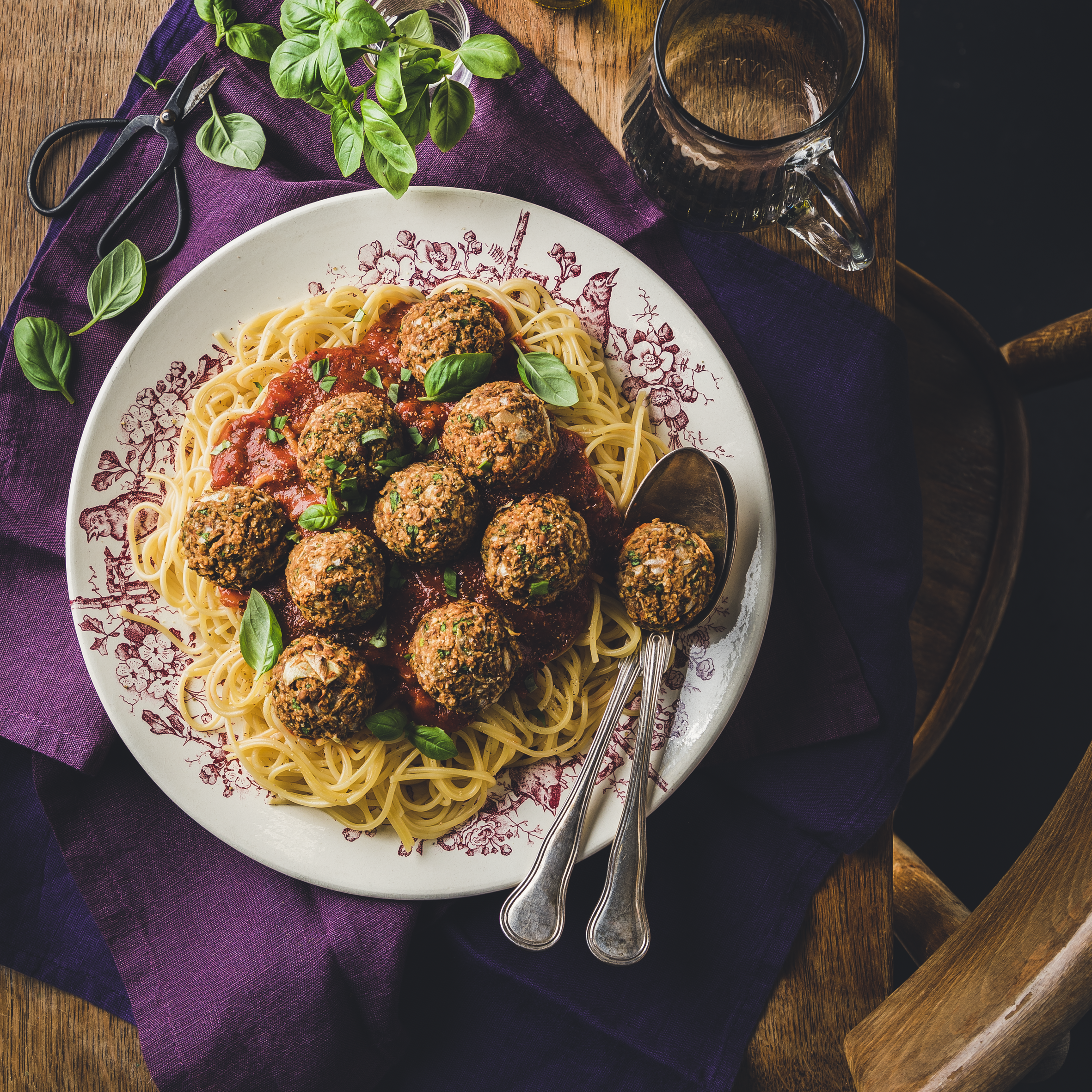 Albóndigas italianas de lentejas con espaguetis