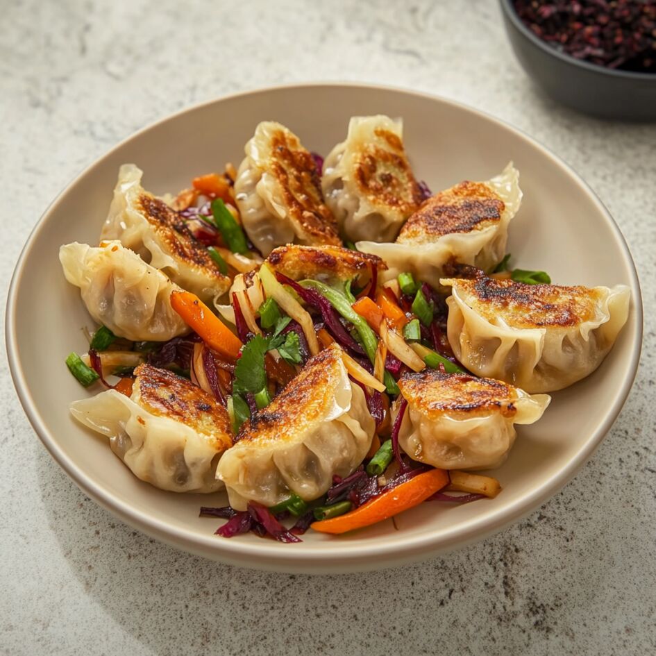 Ravioli croccanti e verdure in stile asiatico