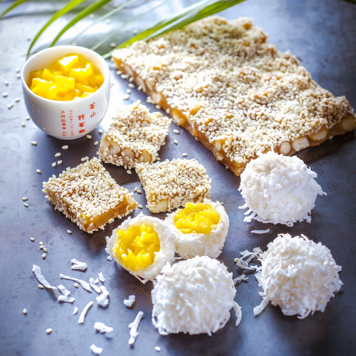 Torrão chinês e pérolas de coco com manga
