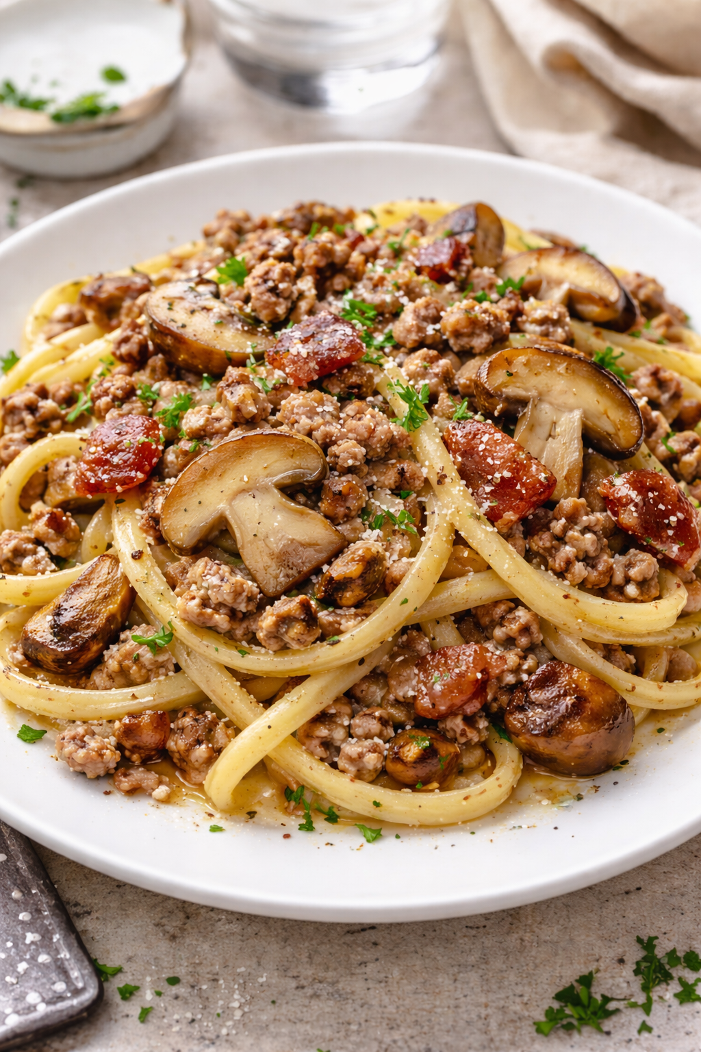 Scialatielli con macinato di suino, guanciale e porcini