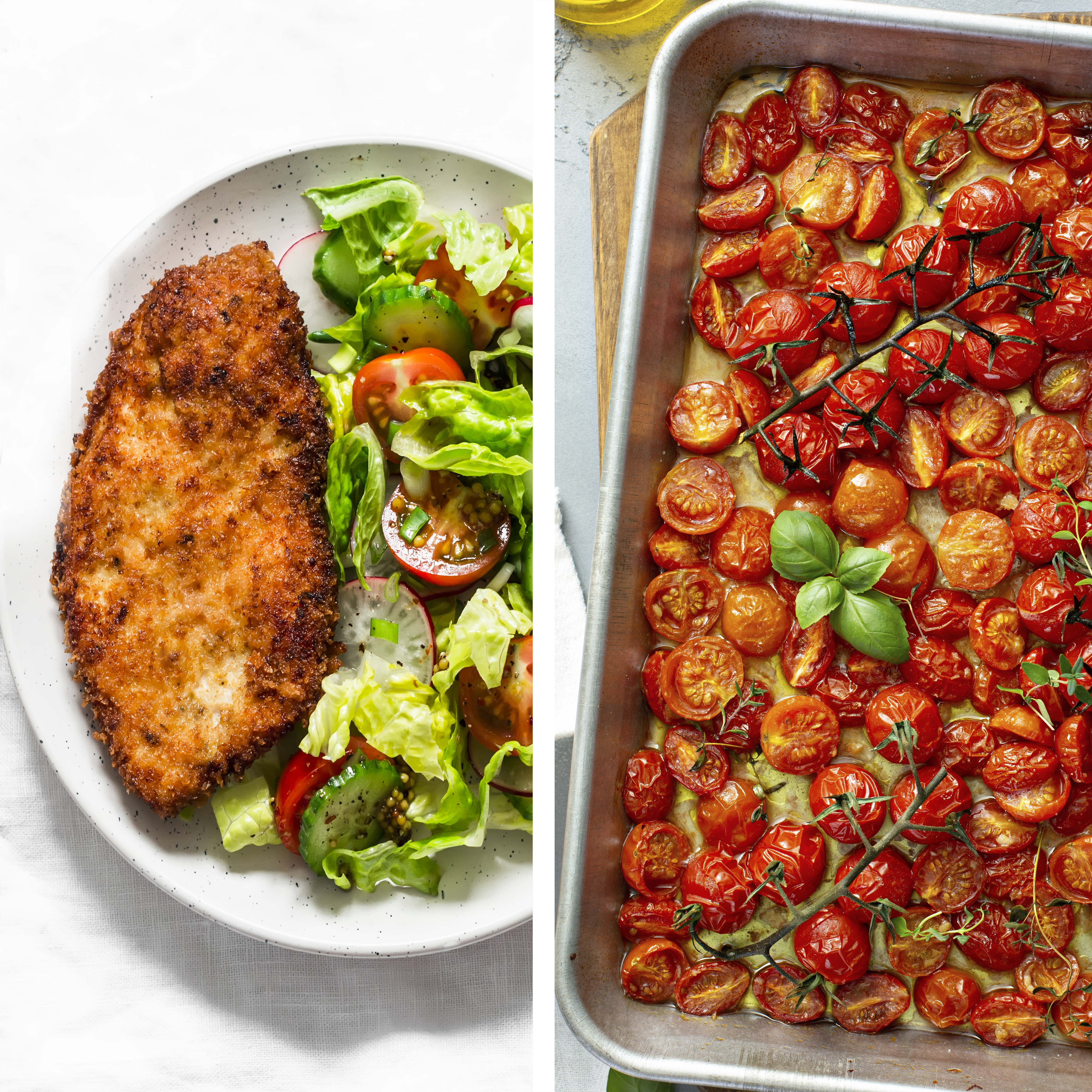 Milanese kip, mediterrane salade en geroosterde kerstomaatjes