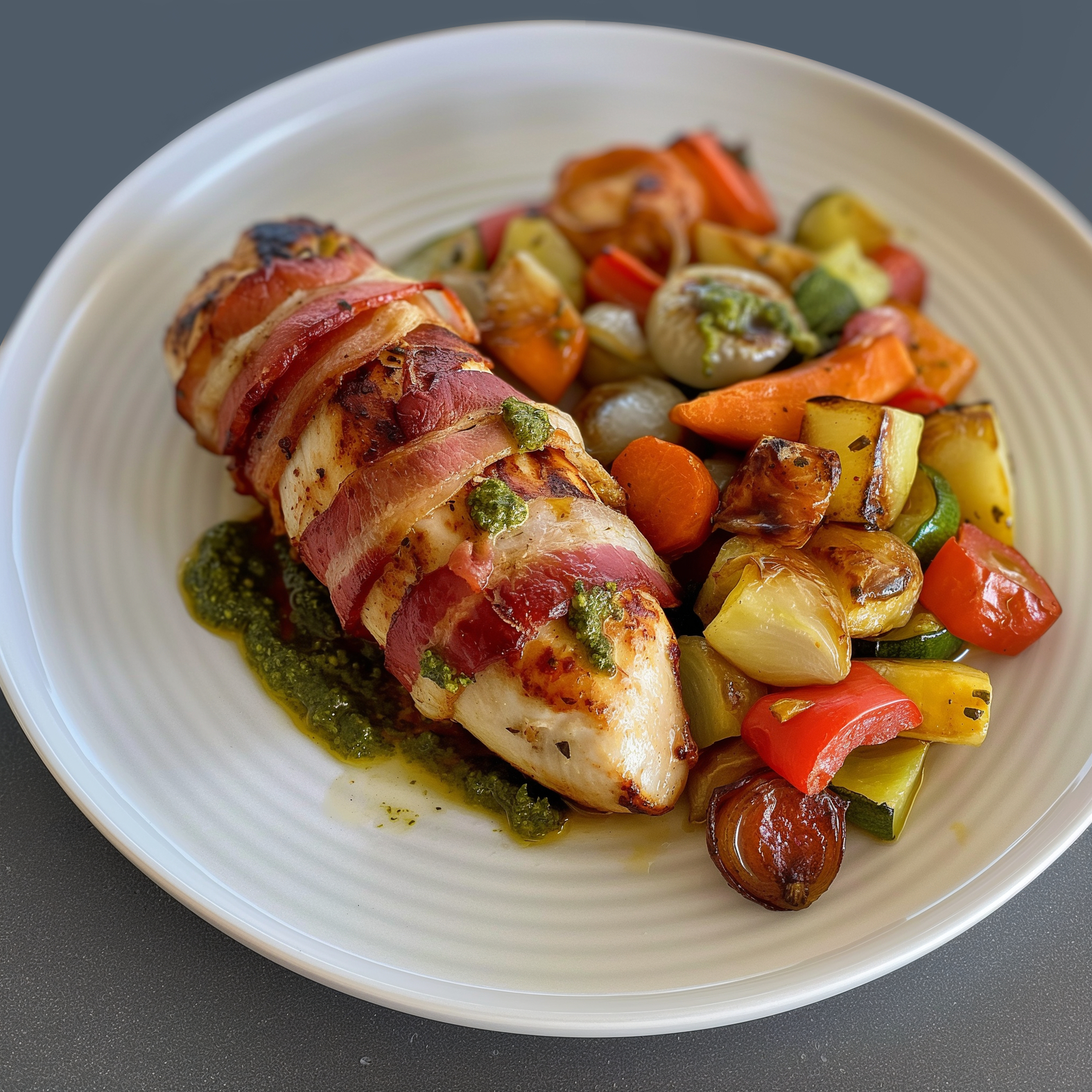 Hähnchenfilets mit Speck und Gemüse mit rotem Pesto