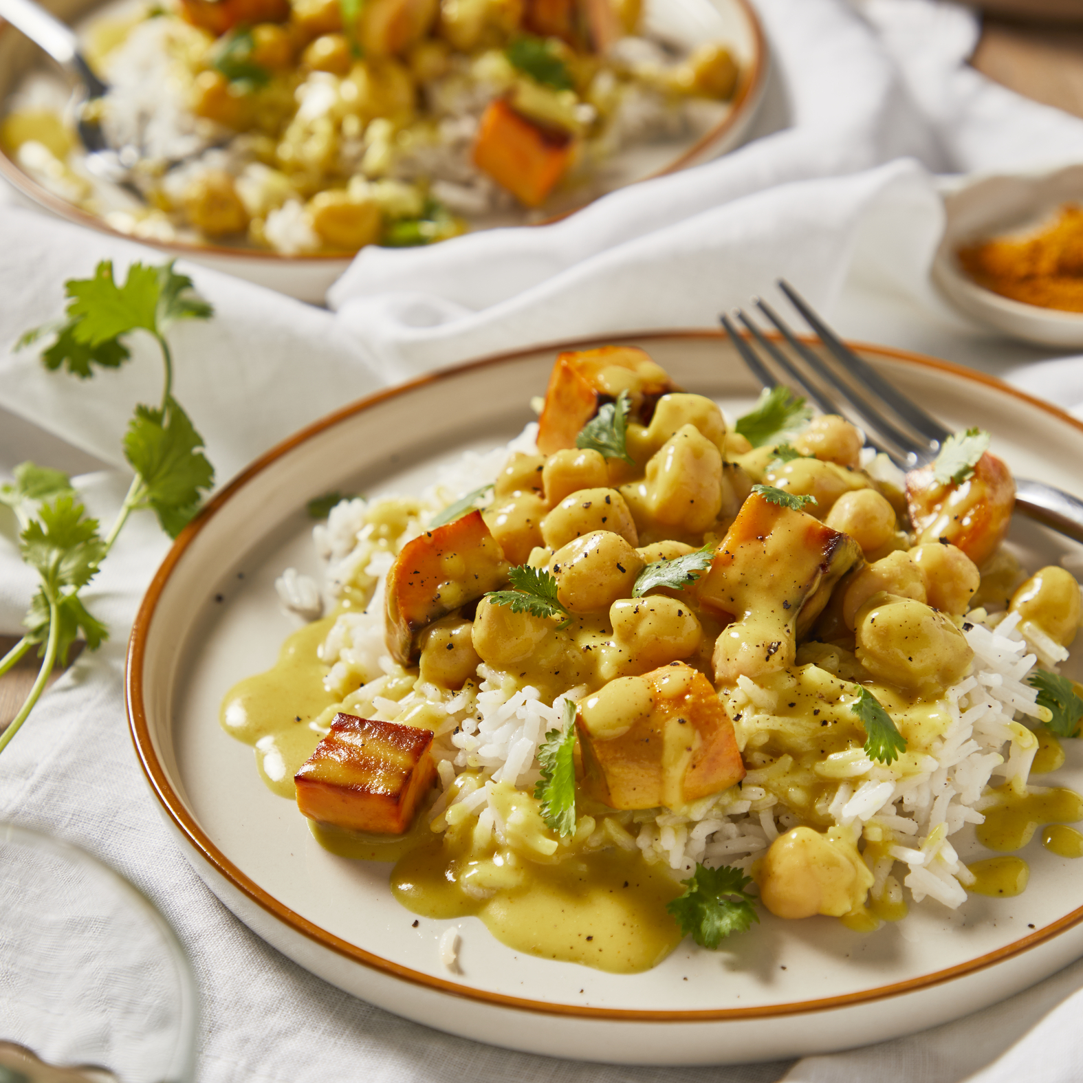Süßkartoffel und Linsen Curry mit Kokusnussmilch und Basmati Reis