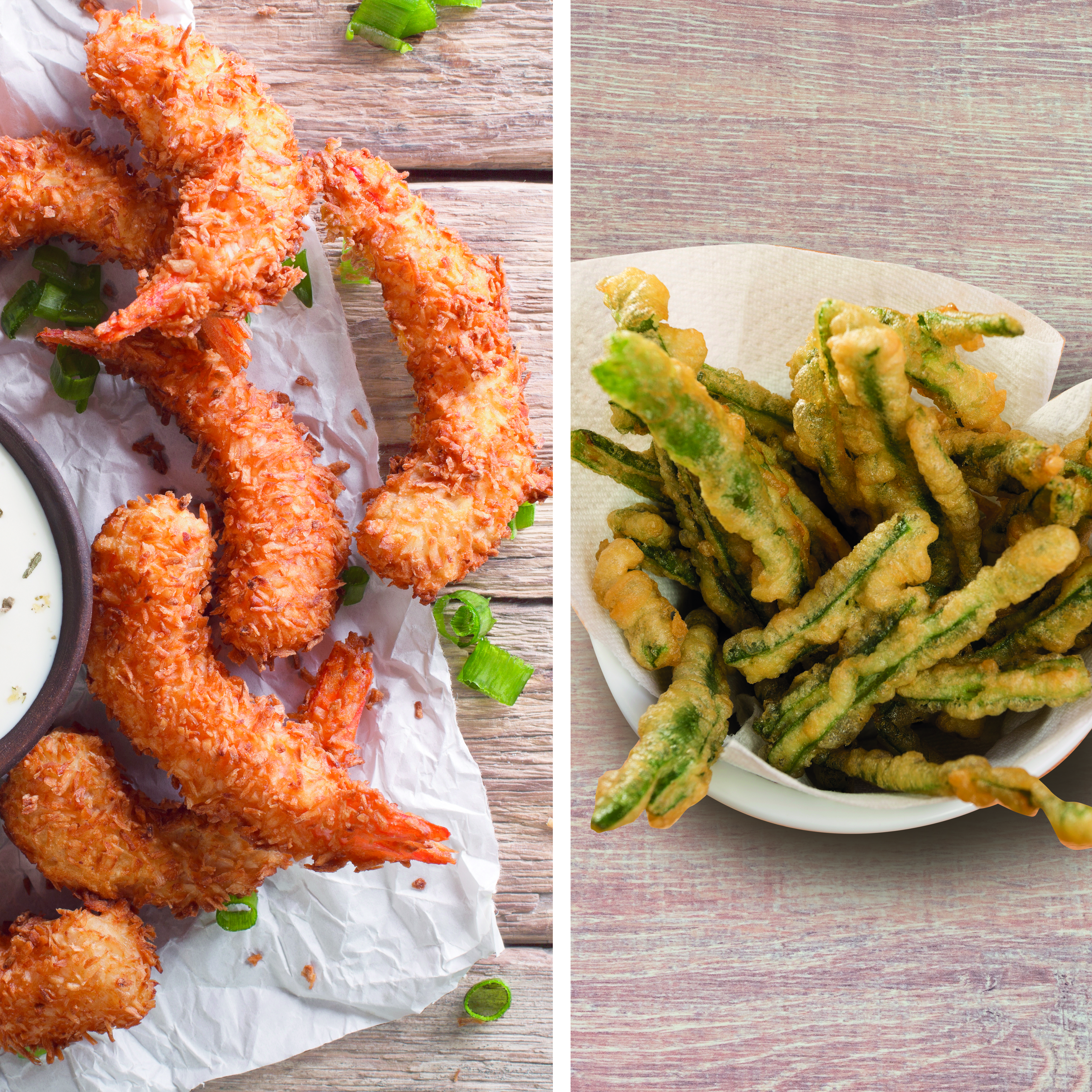 Langostinos rebozados en cerveza y tempura de judías verdes