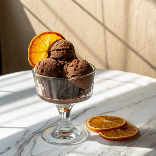Helado de chocolate y naranja con cáscaras confitadas