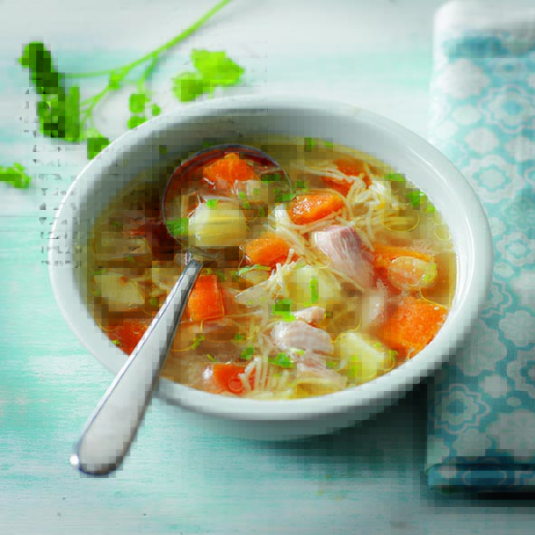 Sopa de pollo con fideos