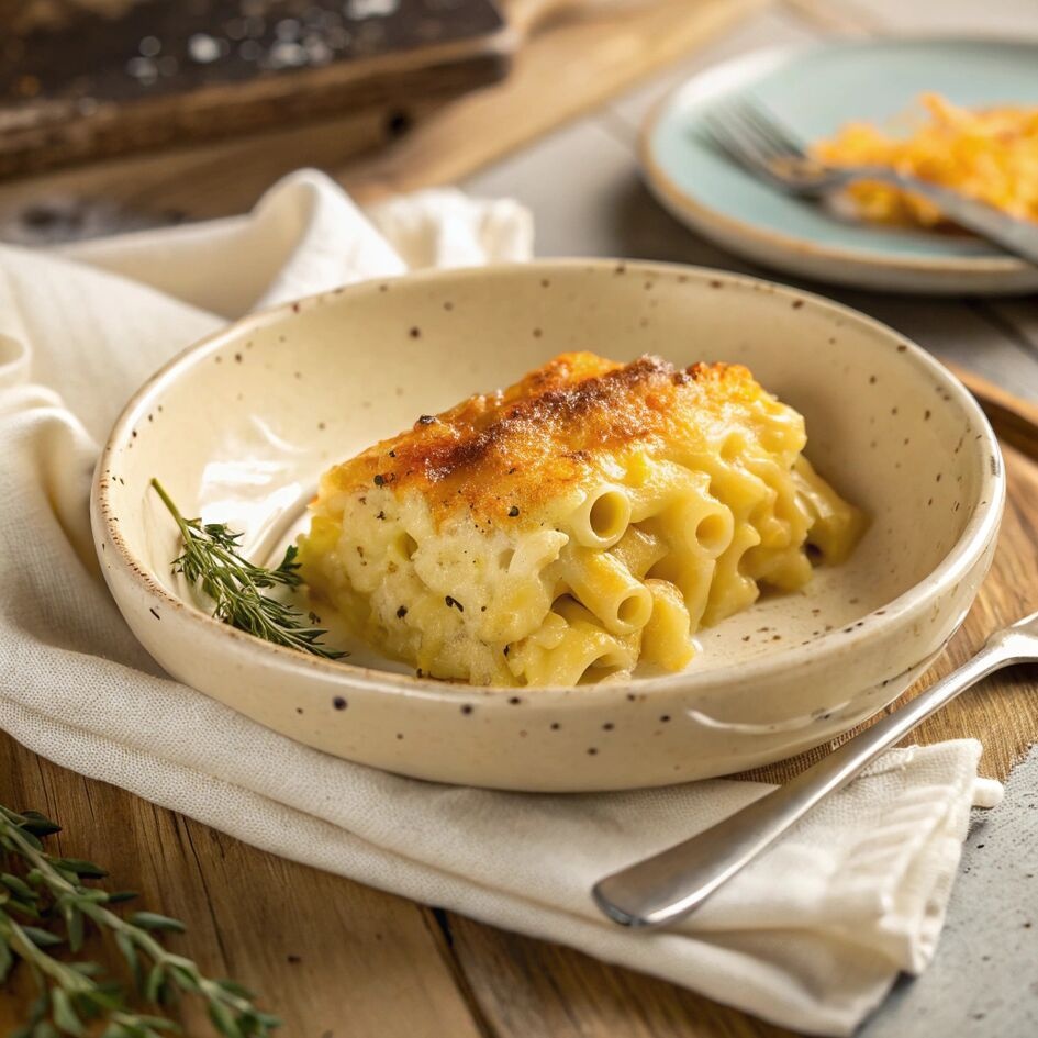 Macarrones con queso y cebolla caramelizada