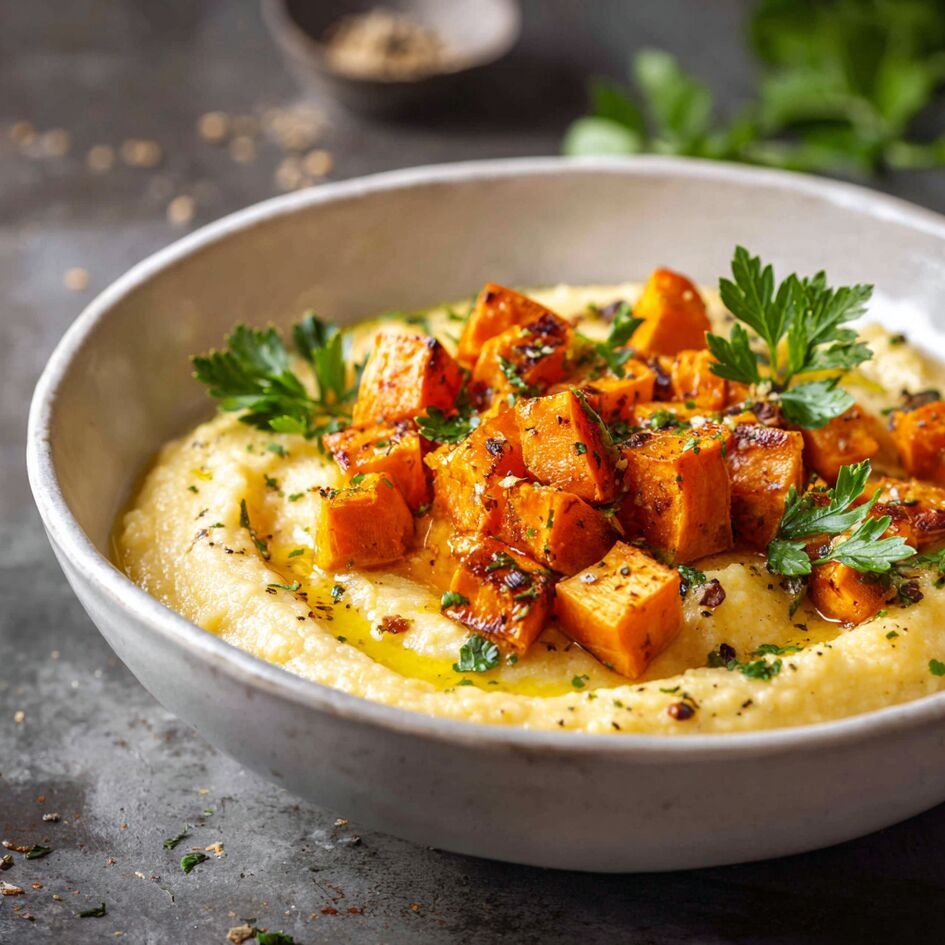 Polenta Cremosa com Parmesão e Legumes Assados