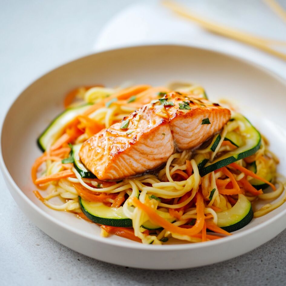 Salmone teriyaki e noodles con verdure