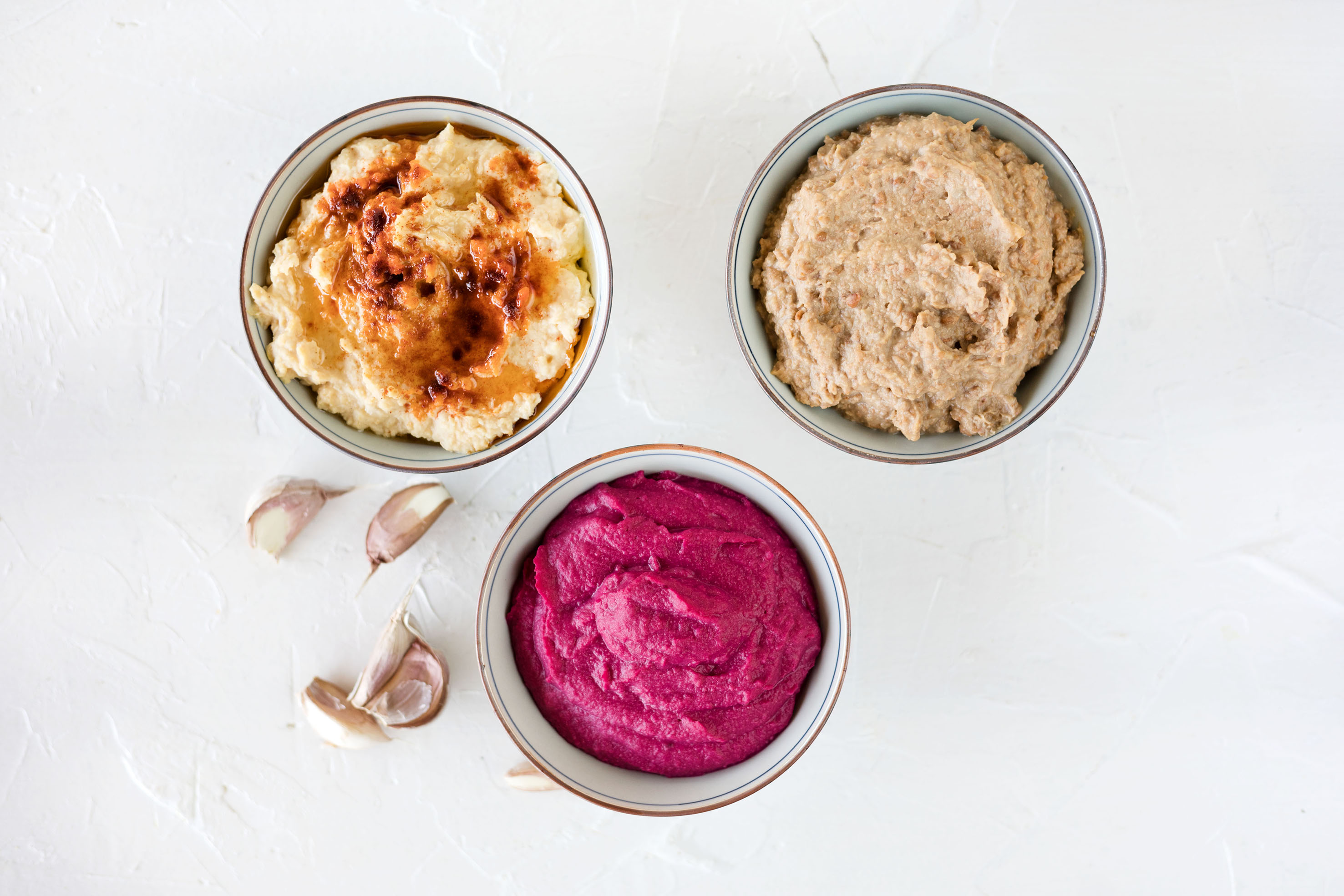 Trío de humus: garbanzos, remolacha y lentejas