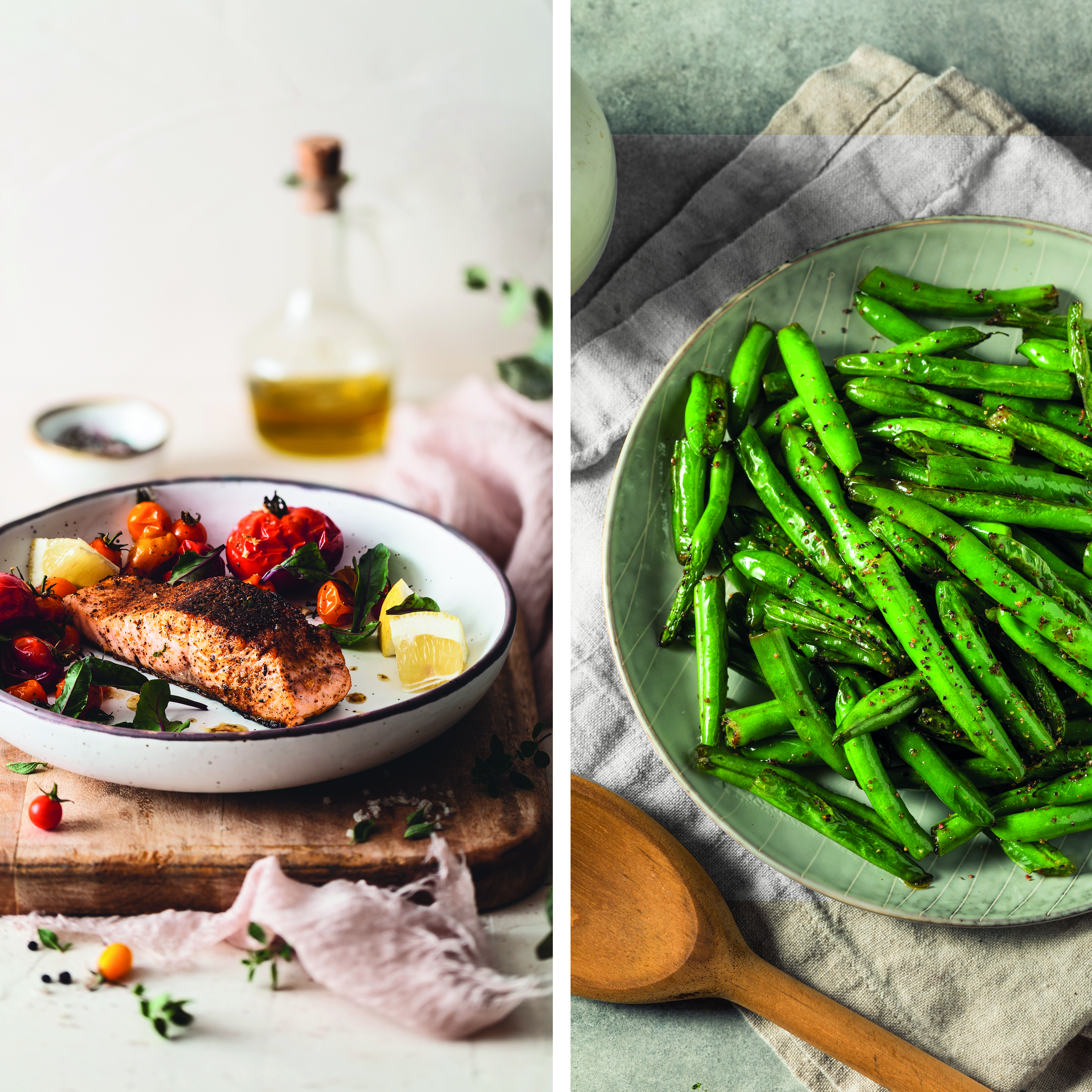 Cajun Lachs und grüne Bohnen mit Knoblauch