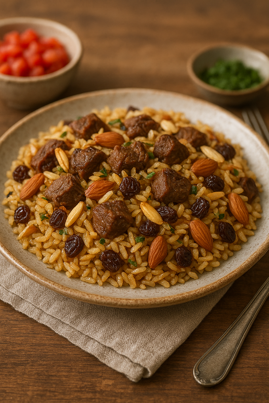 Riso turco con carne, mandorle e uvetta