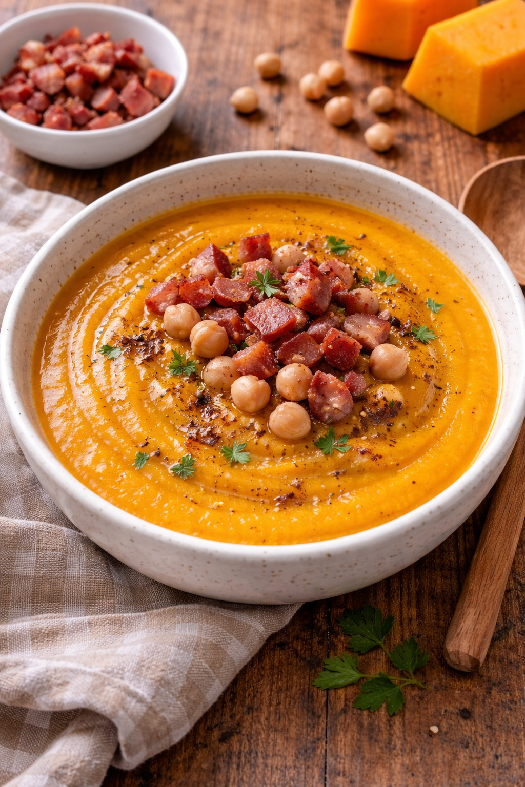Vellutata di zucca con ceci e speck