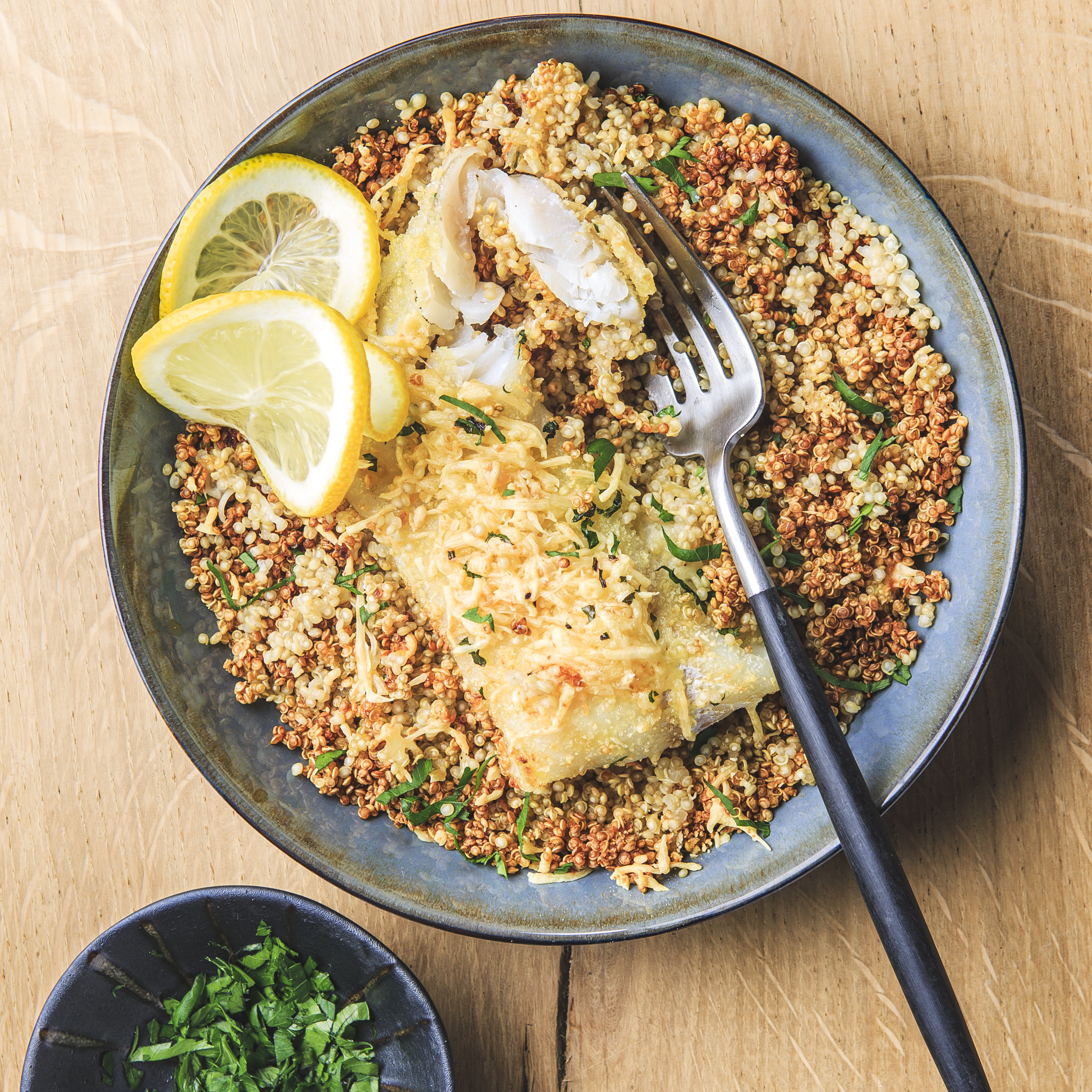 Bacalhau panado com quinoa