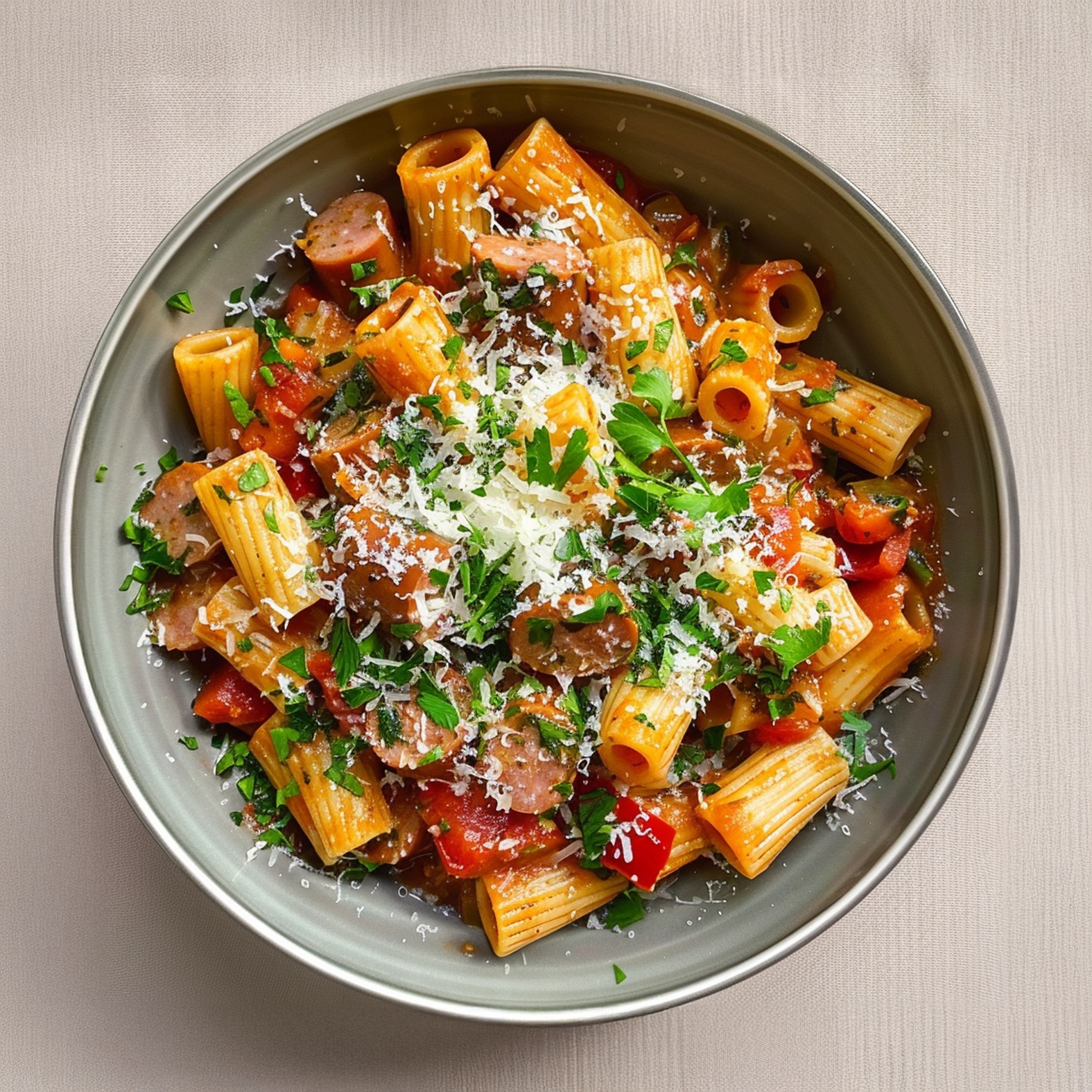 Pasta in pentola unica con pomodoro e salsiccia
