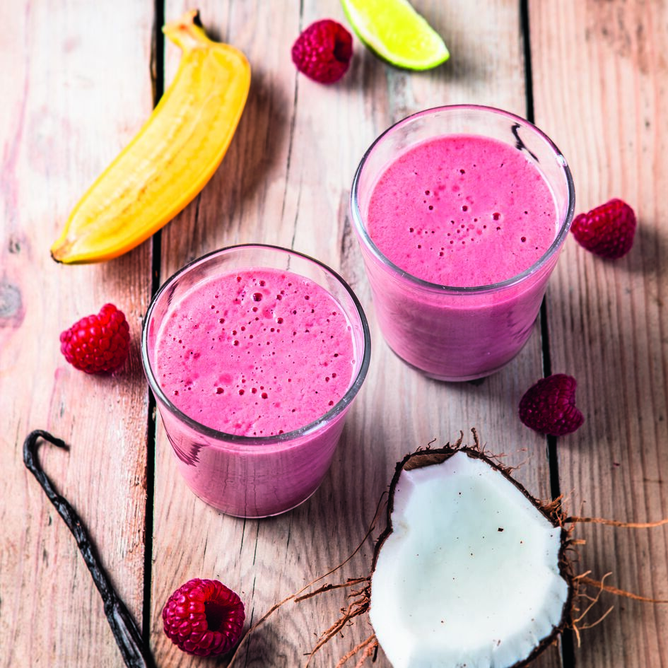 Smoothie de framboesa, coco e baunilha