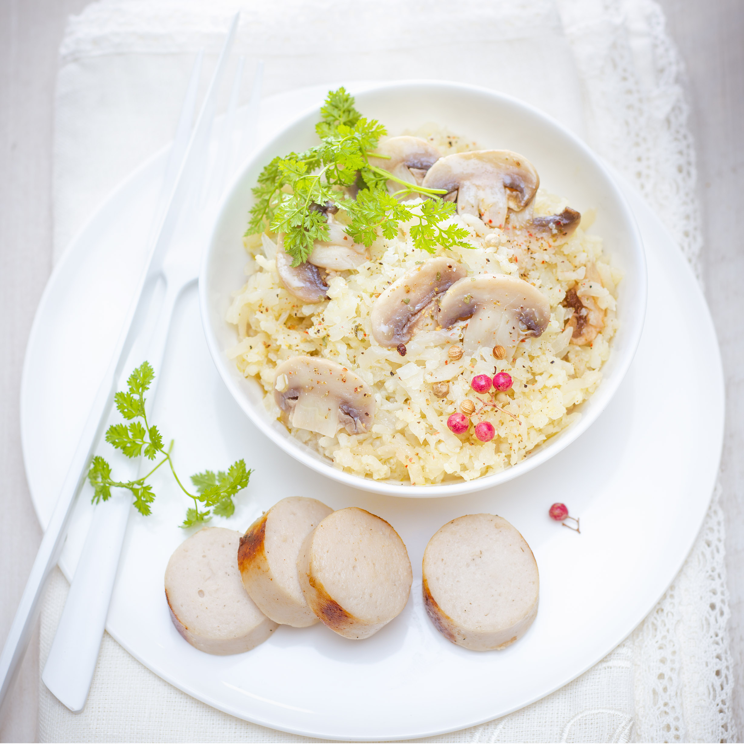 Risotto de coliflor, champiñones y butifarra blanca