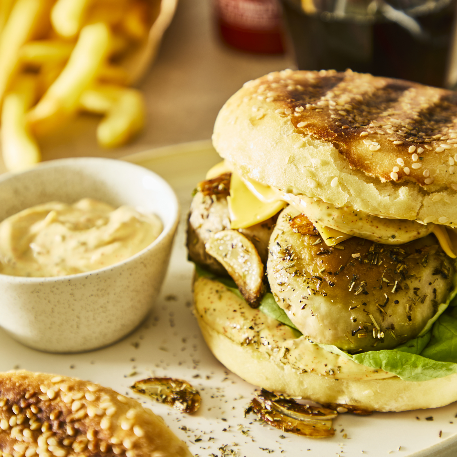 Hamburguesa vegana de setas, pan de patata