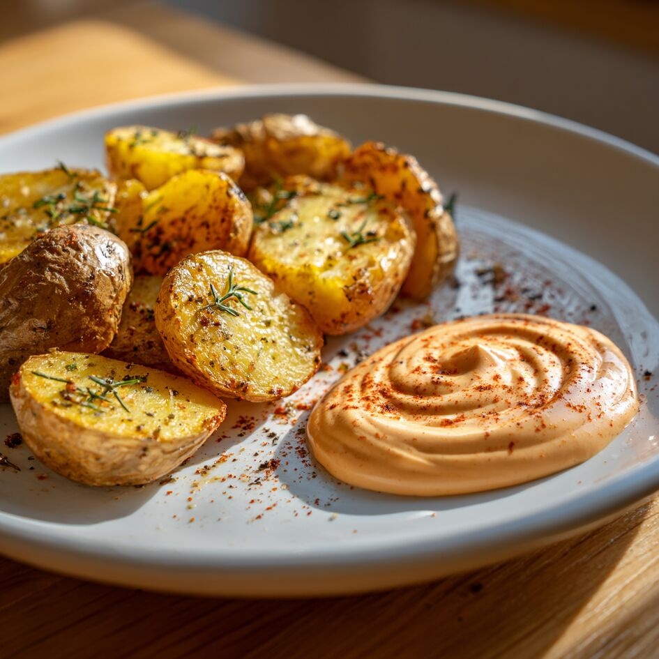 Patatas Baby Doradas, Mayonesa de Sriracha