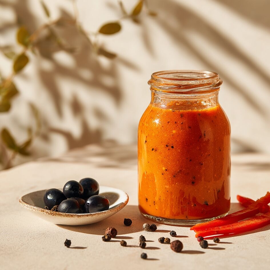 Coulis de pimiento y aceitunas trituradas