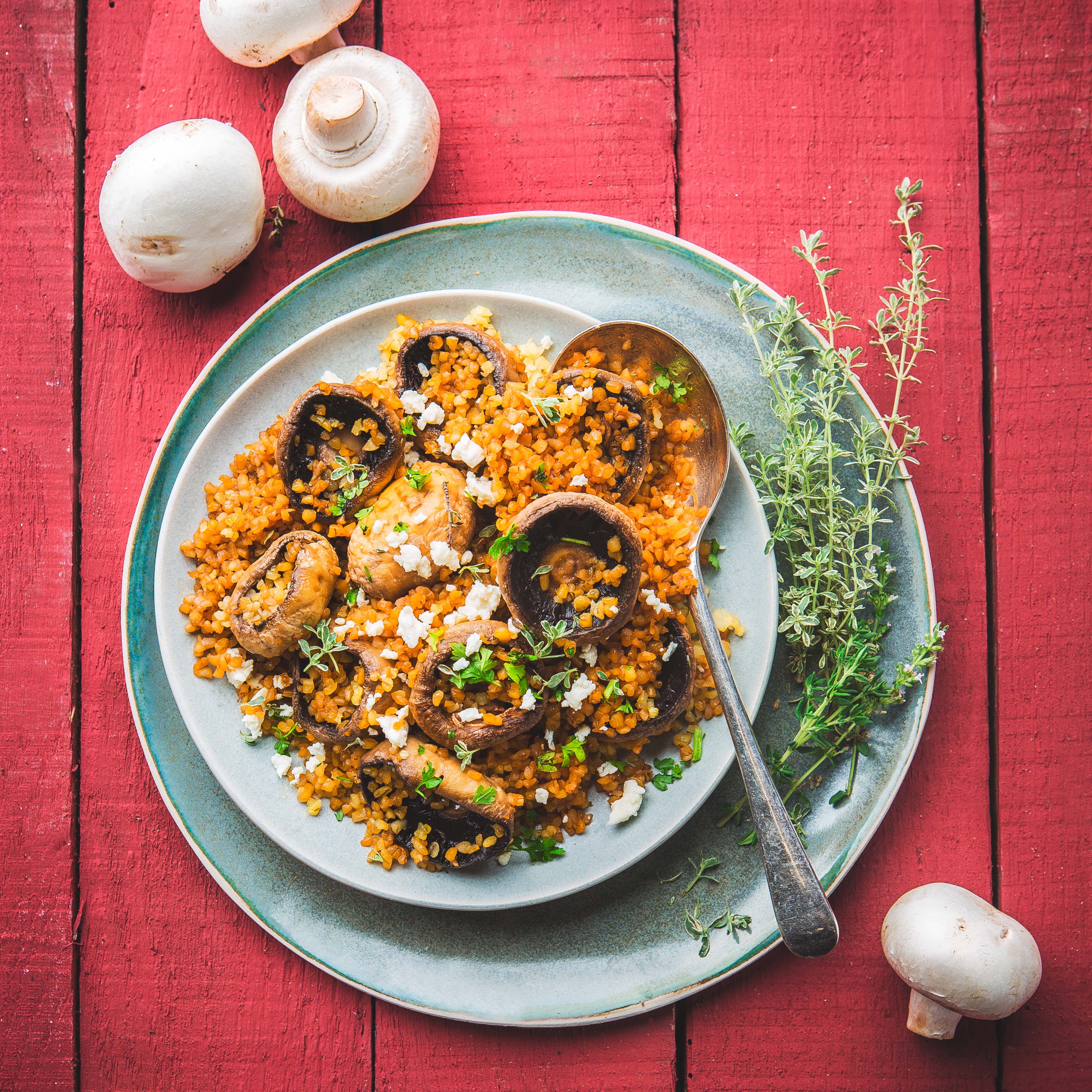 Bulgur mit Pilzen und Feta Käse