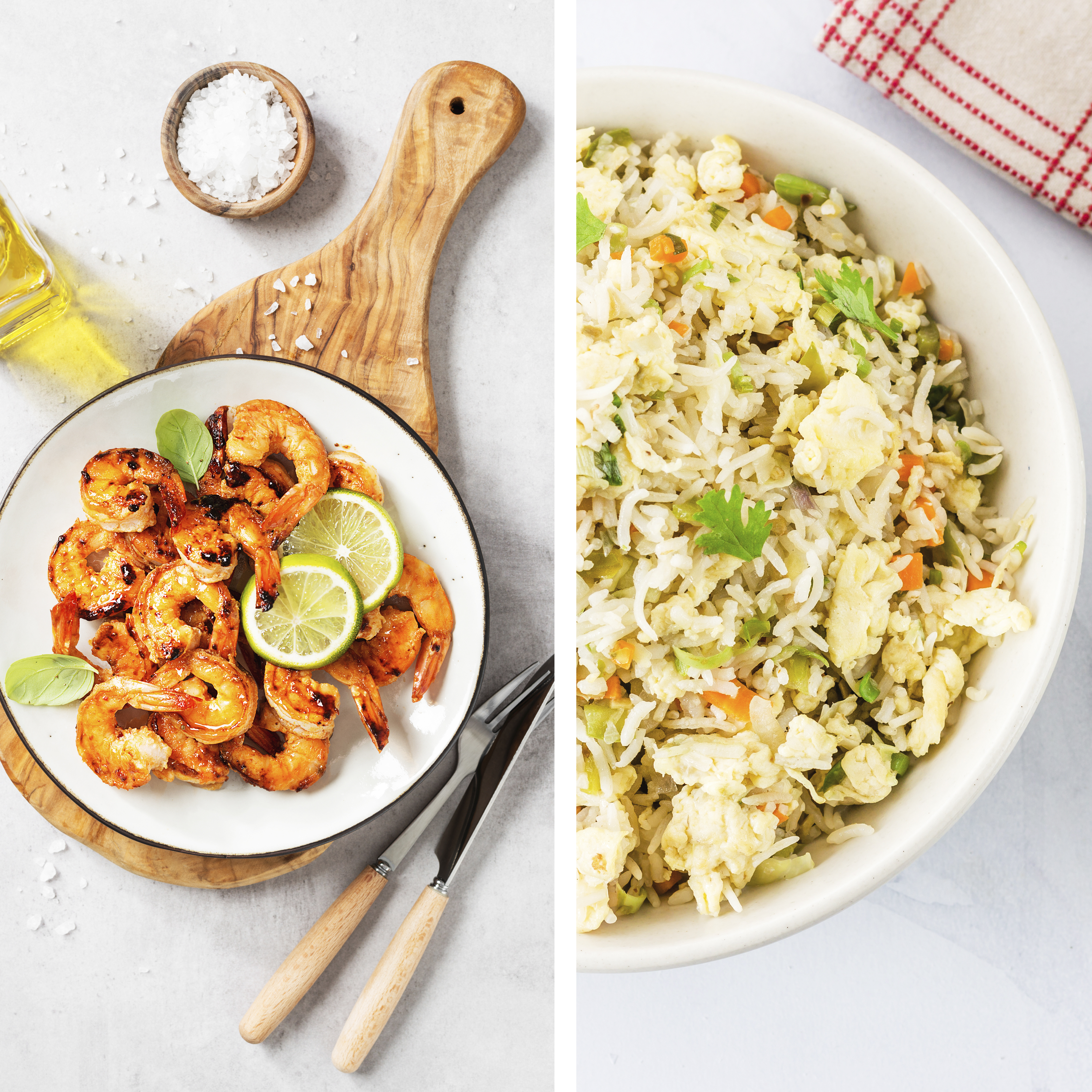 Gambas con miel y salsa Sriracha con arroz frito