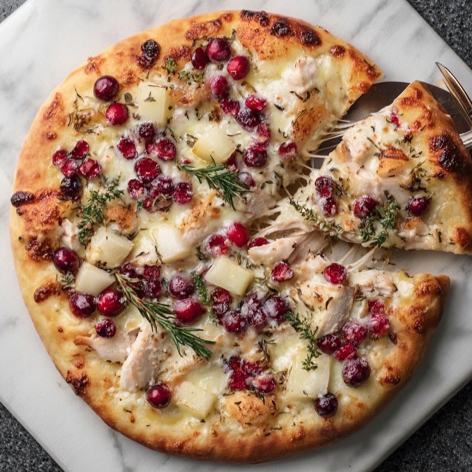 Pizza met geroosterde kalkoen, camembert en cranberry
