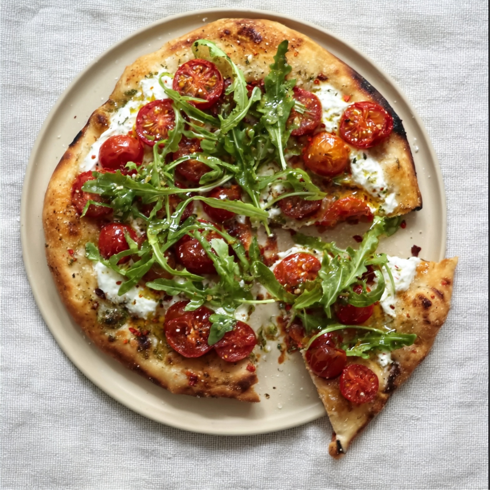 Caprese pizza met burrata, honing en chili