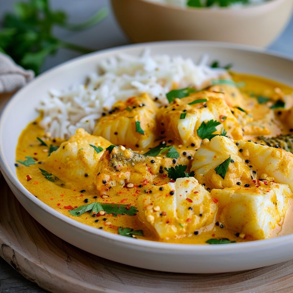 Bacalhau com caril e açafrão