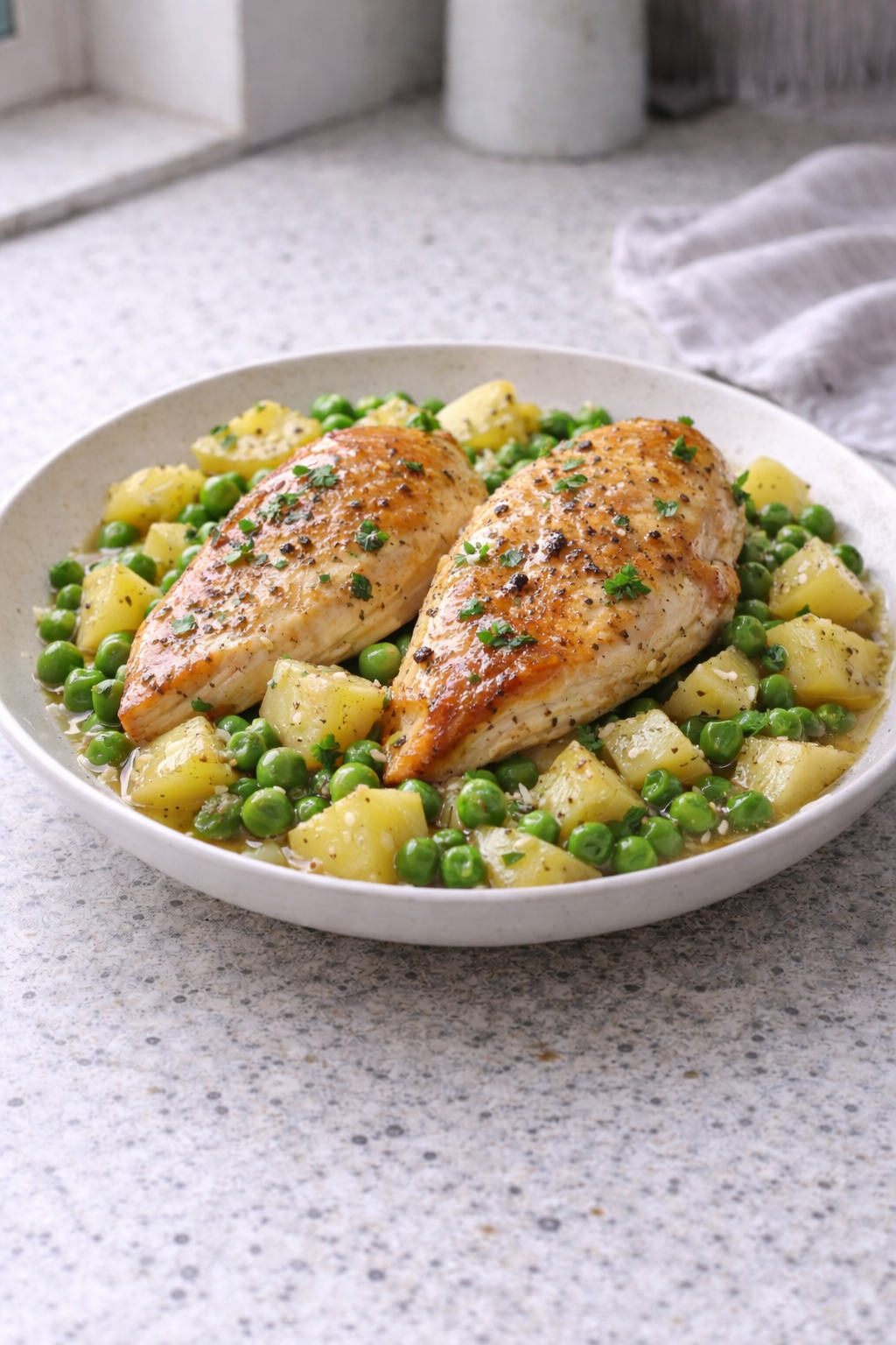 PETTO DI POLLO AL VAROMA CON PATATE E PISELLI