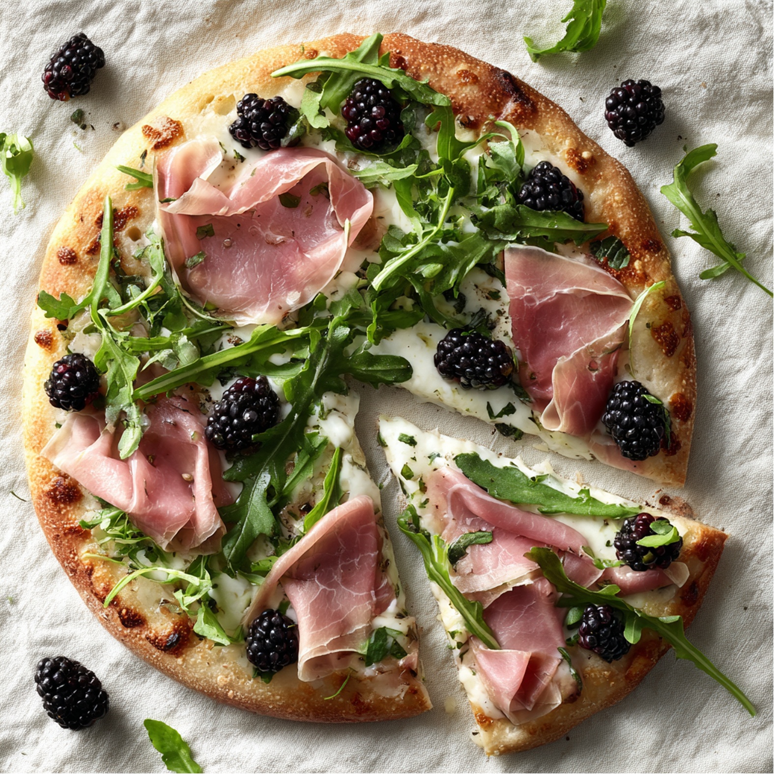 Ricotta, braam en Parma ham pizza