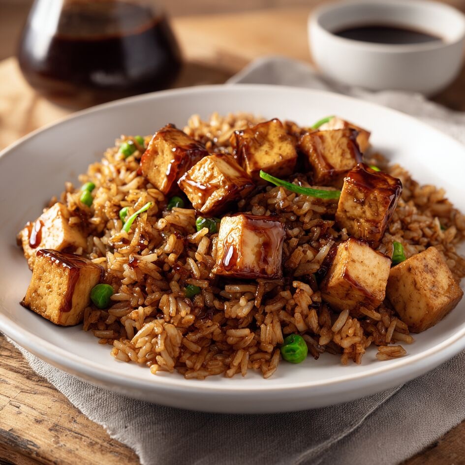 Arroz Cantonés con Tofu Crujiente Marinado
