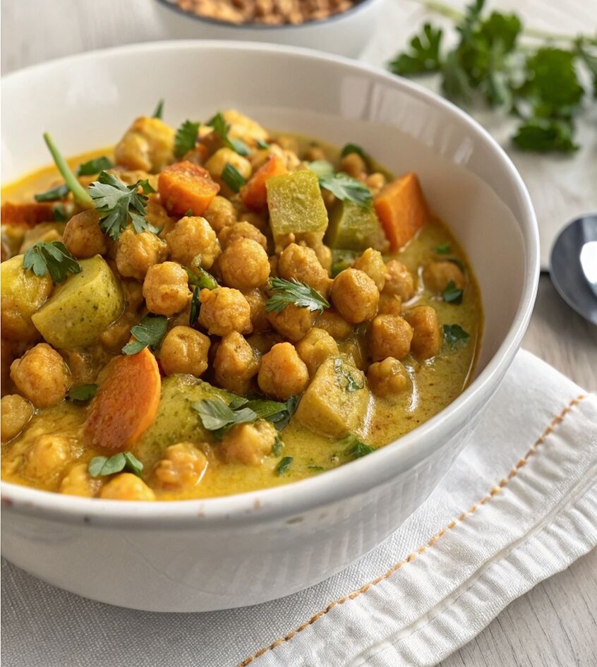 Curry de verduras y garbanzos crujientes