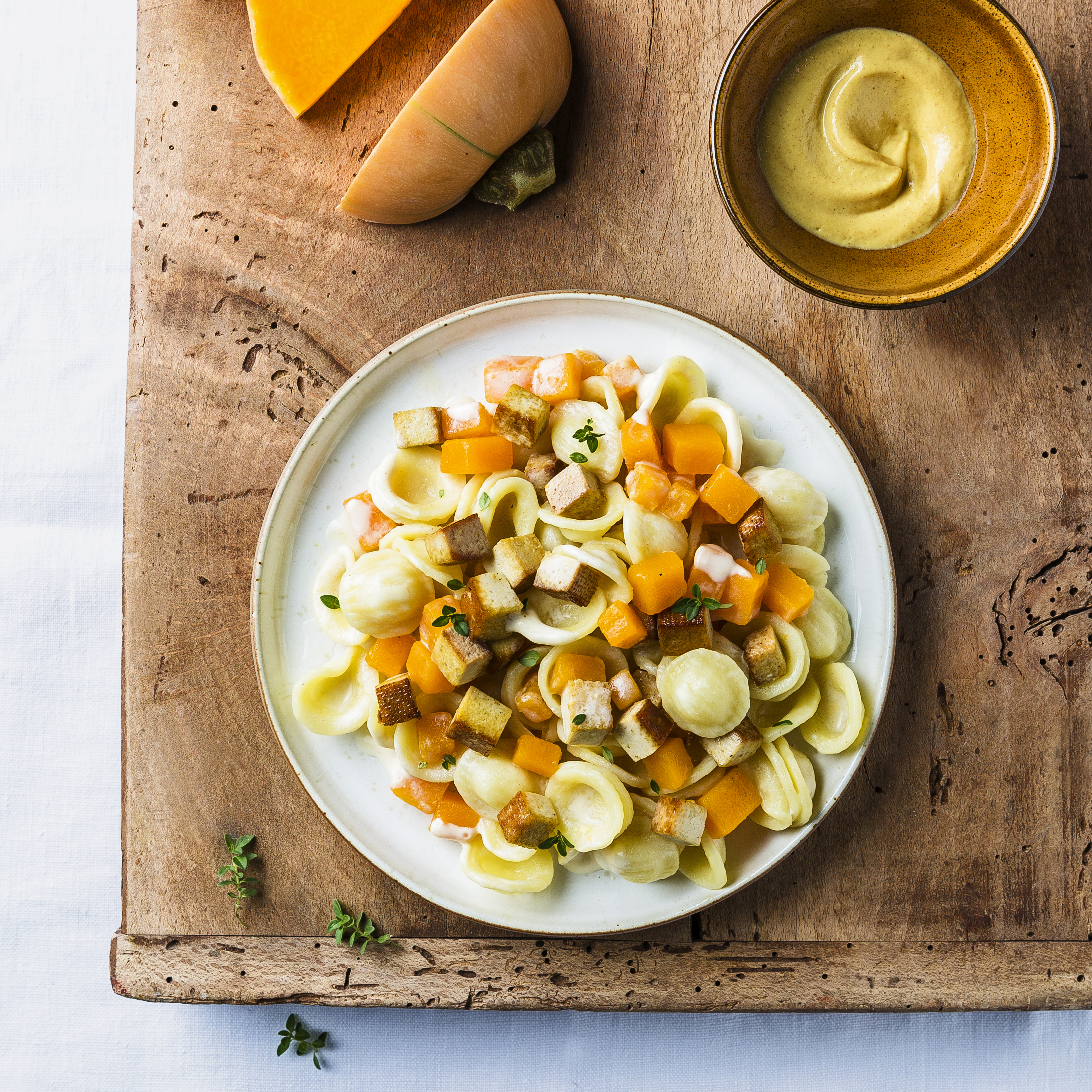 Orecchiette con calabaza y tofu