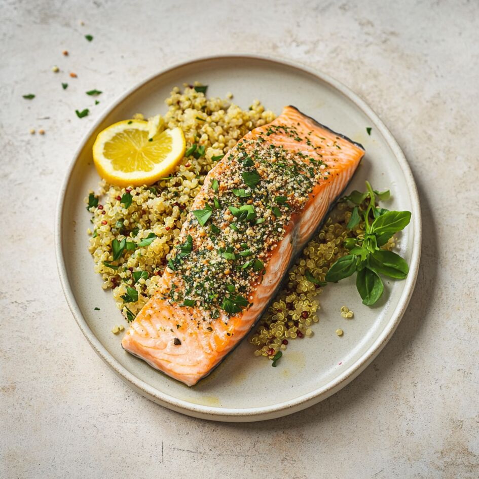 Salmone in crosta alle erbe con quinoa