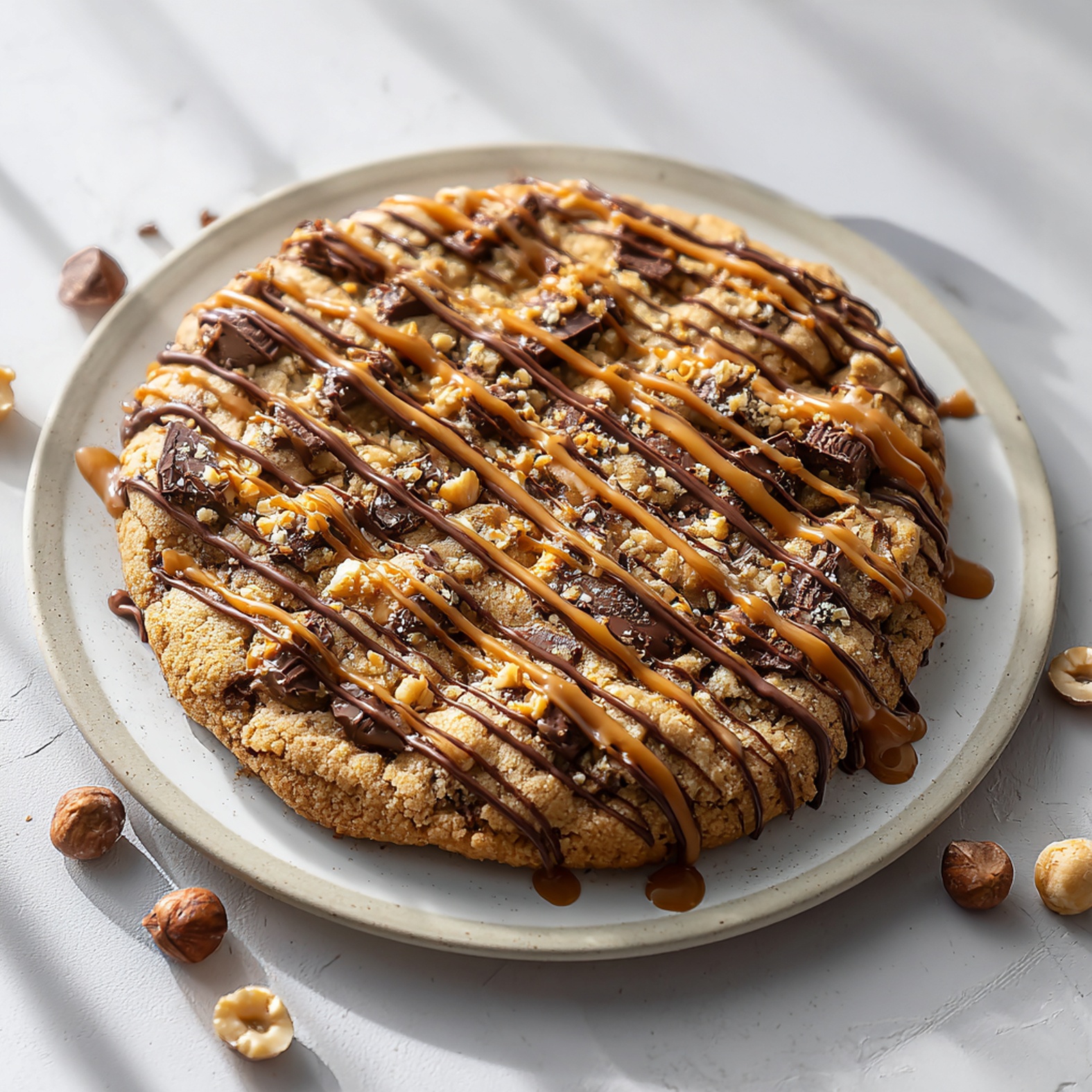 Gigantische chocolade en karamel koek pizza