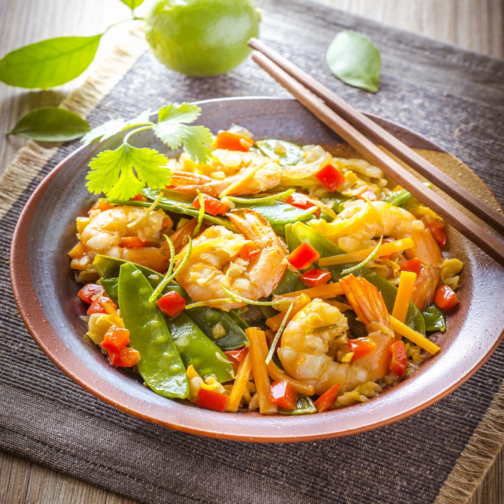 Gamberi saltati con verdure