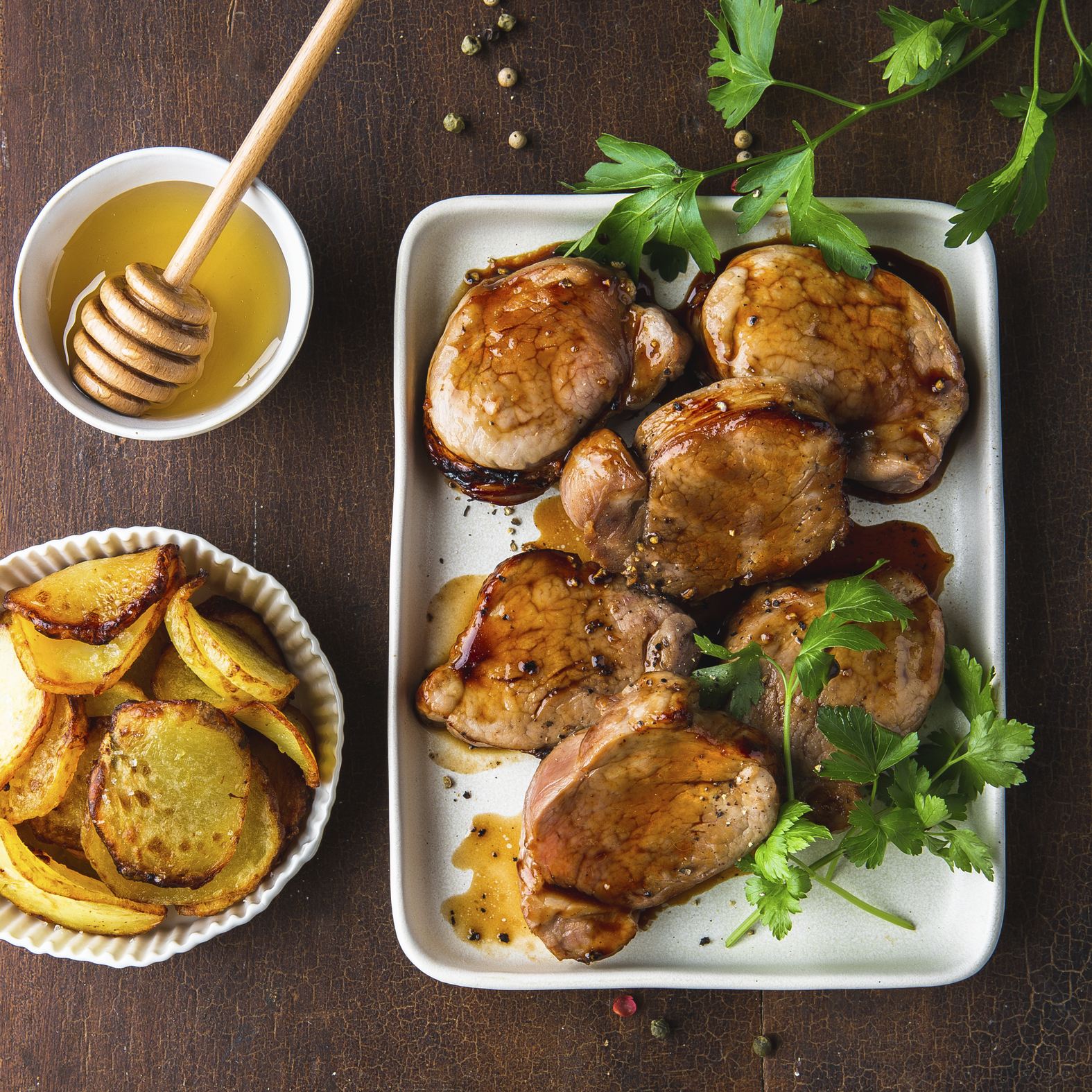 Lombinho de porco com mel e batatas à Sarladaise