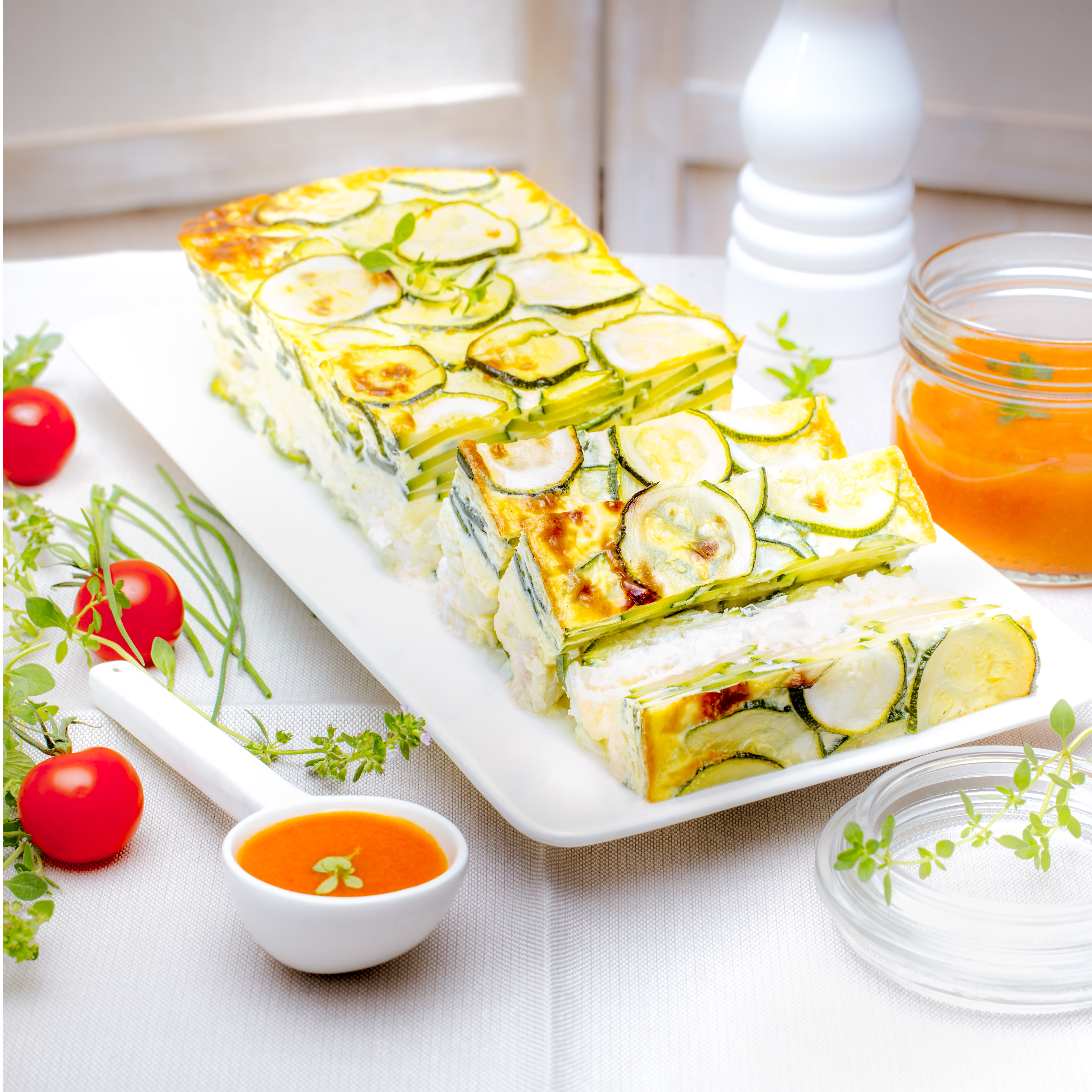 Milhojas de calabacín, bacalao fresco y mozzarella