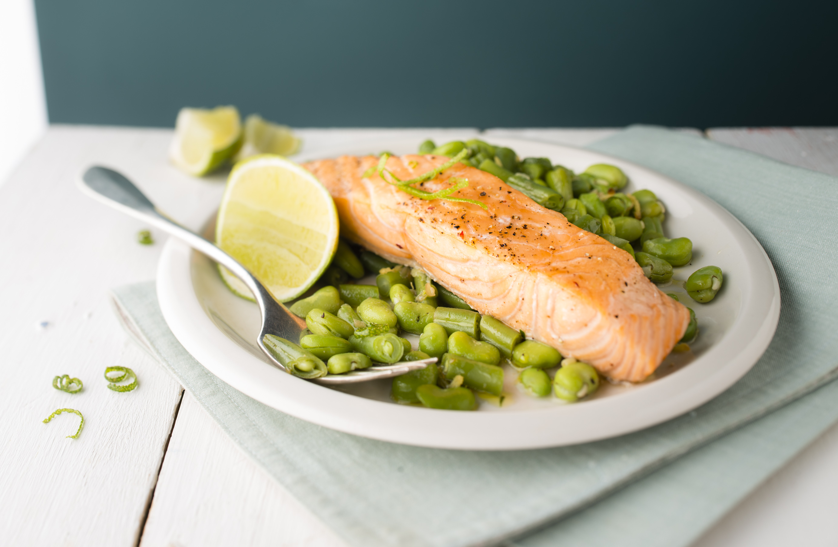 Salmão gengibre e favas