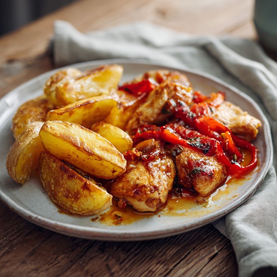 Pollo al estilo vasco y patatas crujientes