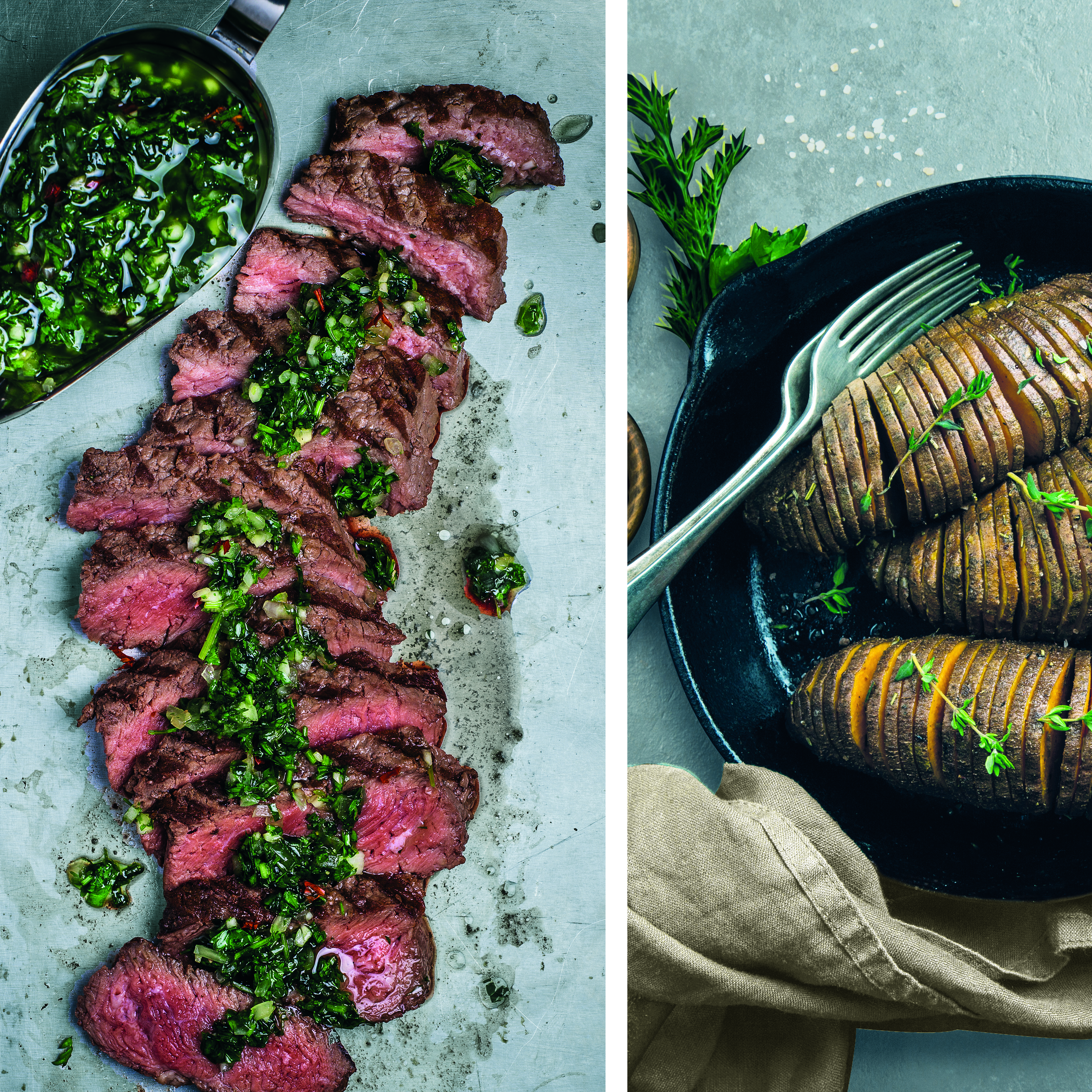 Bife chimichurri e batatas-doces tipo Hasselback