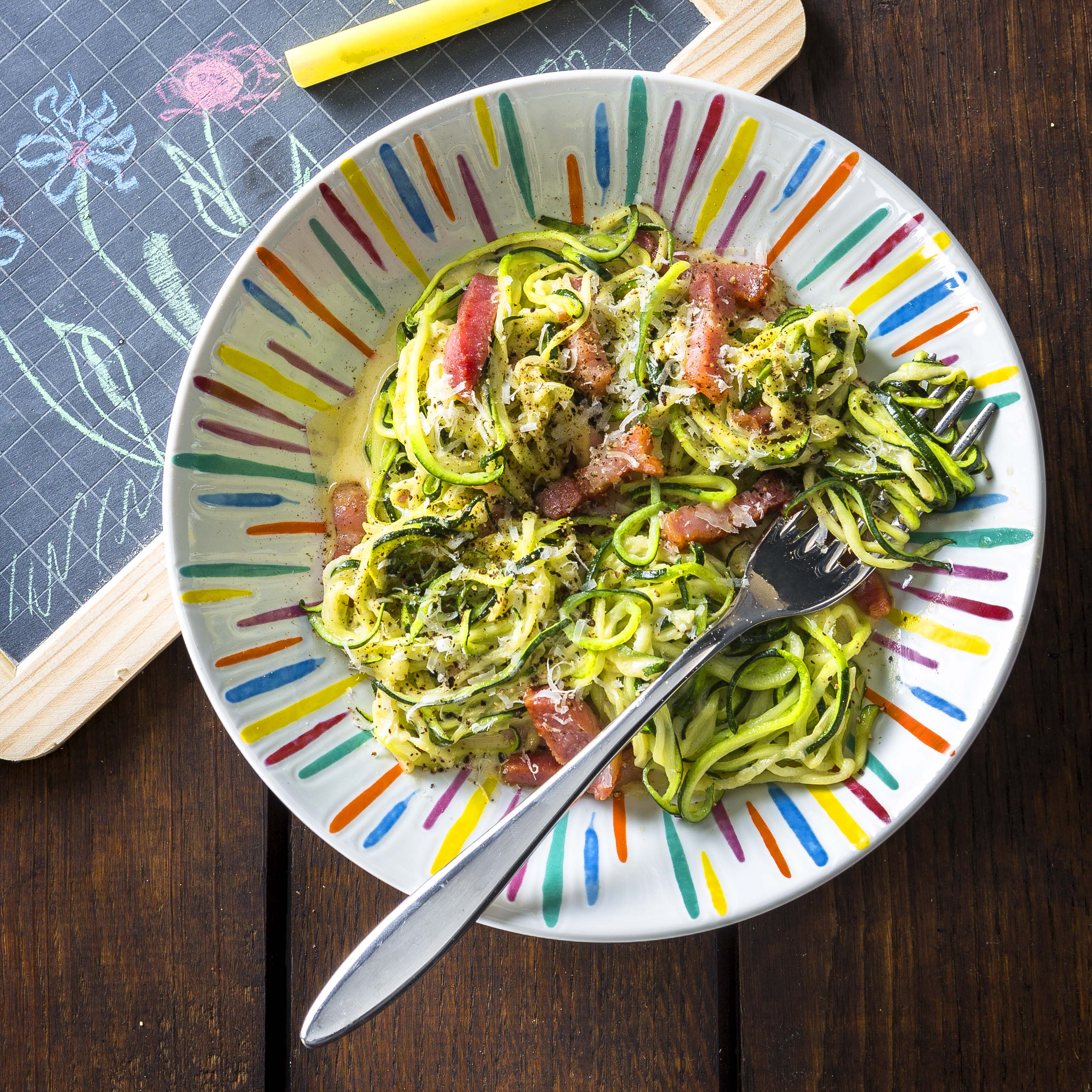 Zucchini-Spaghetti mit Carbonara-Sauce