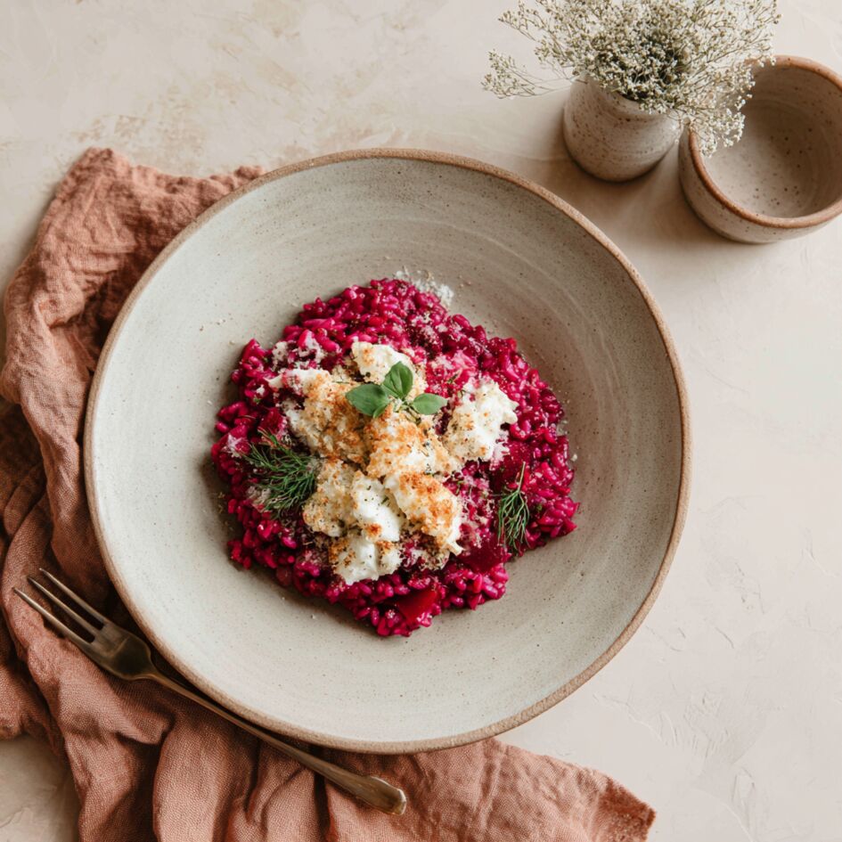 Risotto alla barbabietola con croccante di toma di capra