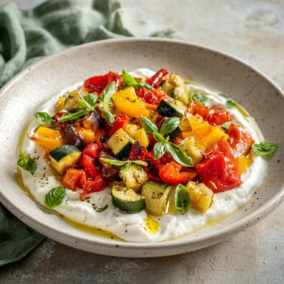 Legumes assados à mediterrânica com molho de Iogurte