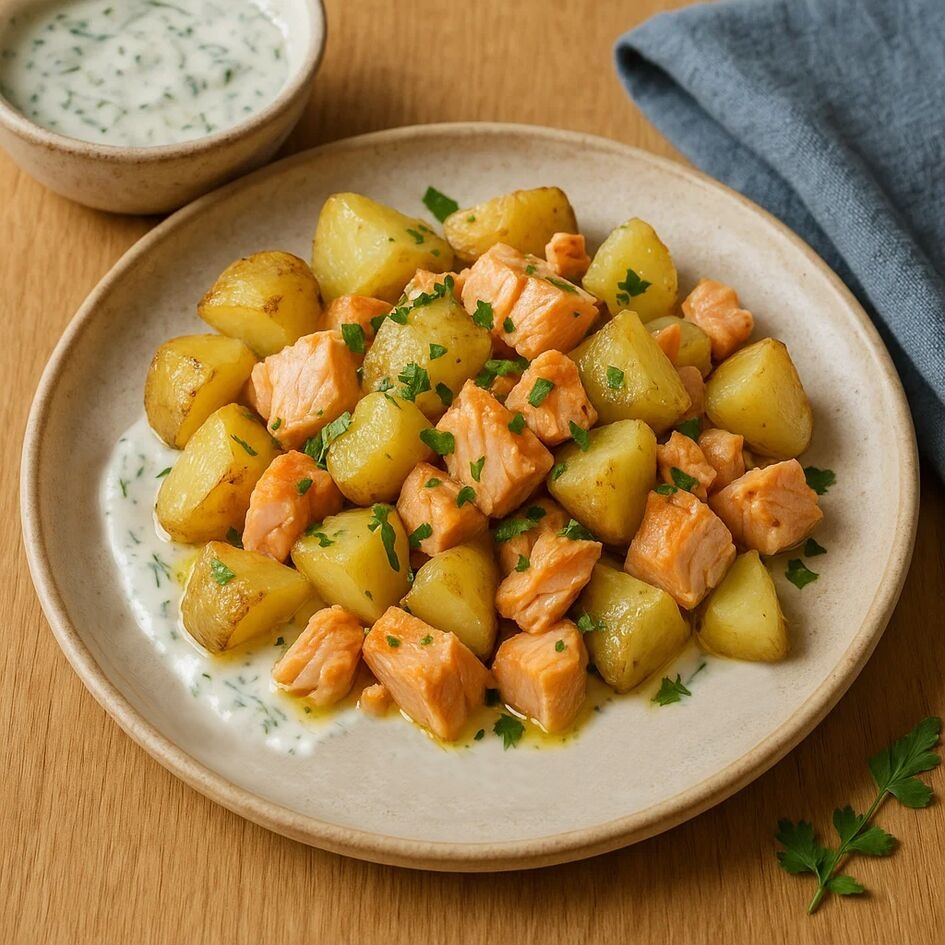 Ensalada de Patatas con Salmón Tierno y Salsa de Eneldo
