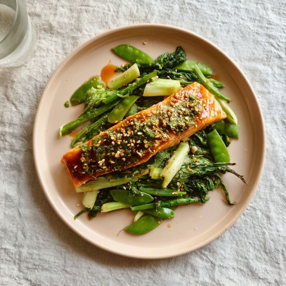 Salmón al vapor con pesto y verduras crujientes